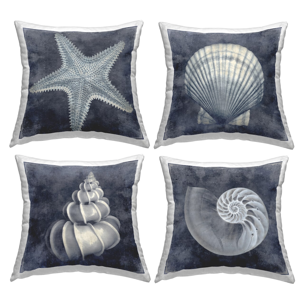 Stupell Industries Nautical Distressed Seashells and Starfish Blue White 4 Pillows, Each 18" x 18"
